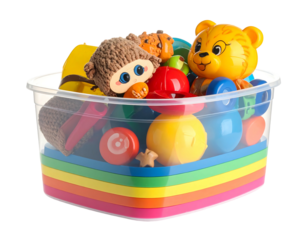 A clear plastic container, filled with assorted, colorful kids' toys, rests atop a multi-layered, rainbow-colored platform