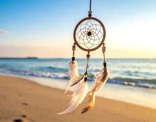 A handmade circular object adorned with feathers and beads hangs in front of a sunny beach scene with the ocean in the background