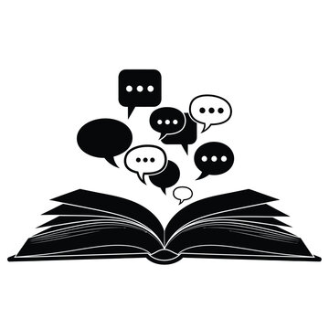 Open book with black speech bubbles emerging from pages vector