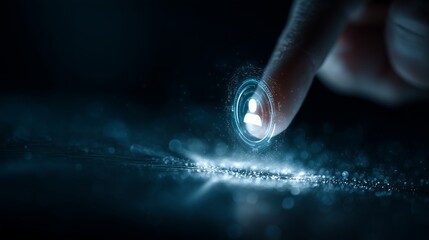 Human finger interacting with a glowing futuristic user profile icon on a dark, reflective digital surface, concept for human resources management, social networking and digital identity verification