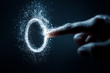 Human finger touching a bright sparkling ring of digital light particles on a dark futuristic background, concept for advanced technology, abstract design and artificial intelligence interaction