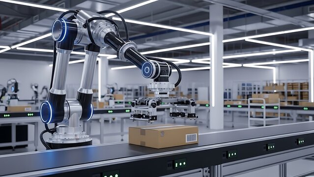 Robotic arm placing box on conveyor in factory