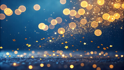 Golden bokeh lights and glittering stars floating on a deep blue background, festive celebration abstract