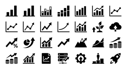 Naklejka premium Comprehensive set of business analytics icons for charts, graphs, data visualization, dashboards, and finance to support growth and data-driven decision making.