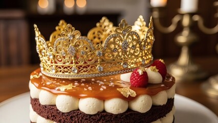 Luxurious chocolate cake with gold crown and caramel topping for Twelfth Night