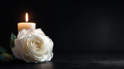 A white rose is lit up by a candle. The candle is placed on a table next to the rose. Concept of sadness and loss, as the candle and rose are often associated with funerals and mourning