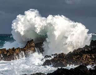 A large ocean wave crashes against jagged, dark rocks under a cloudy sky, creating a dramatic display