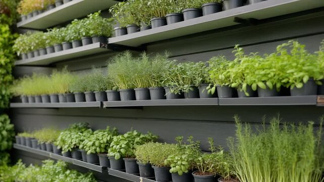 Vertical garden wall with neatly arranged rows of green herbs on stacked shelves.