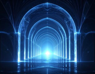 Illuminated futuristic corridor with arches leading to a bright light