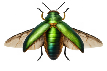 Green iridescent beetle with open wings, an intricate insect illustration on a transparent background