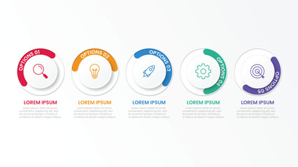 Five round paper white elements with linear symbols inside, translucent line curving around it and text boxes. Concept of 5 steps to business growth. Infographic design template. Vector illustration.