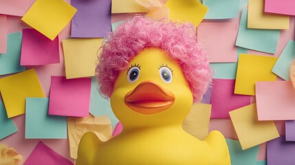 Whimsical Rubber Duck with Pink Wig Amidst Colorful Sticky Notes.