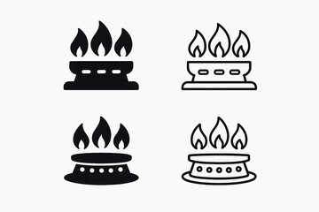 Gas stove with fire vector icon set. commercial kitchen burner or stove vector symbol in black color in fill and line style
