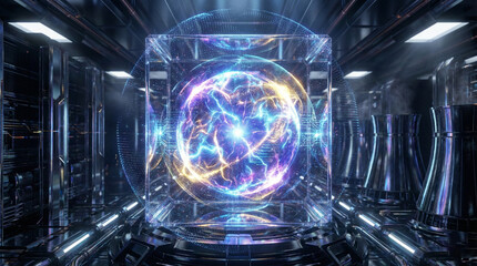 Futuristic server room with glowing orb in transparent cube