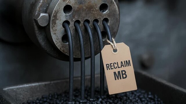 Rubber manufacturing process with black rubber strands flowing from industrial machine through metal holes into container filled with rubber pellets