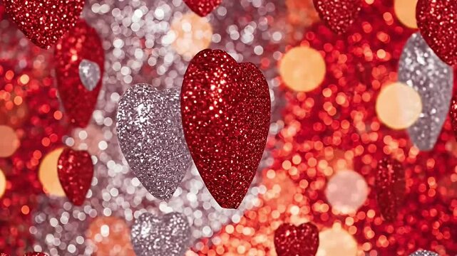 A vibrant and romantic animation featuring sparkling red and silver glitter hearts gently floating and rotating against a dazzling bokeh background. The glittering textures shimmer and reflect light,  - Powered by Adobe