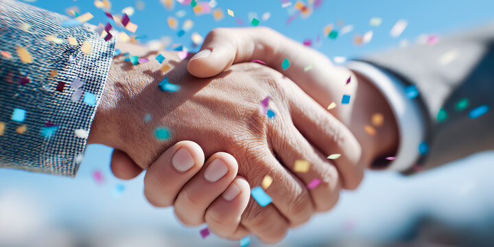 紙吹雪が舞う青空の下で握手するビジネスパートナー（成功の合意）