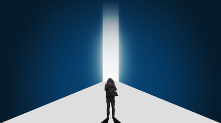 a man with backpack walking on road, Business planning, roadmap and travel concepts