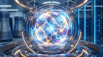 Futuristic laboratory with glowing blue orb and metallic equipment