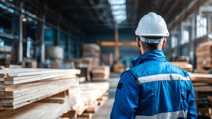 Worker in a lumber warehouse inspecting the stock.