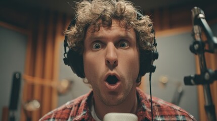 A person is in a recording studio with a microphone. They have headphones on and a surprised expression. The setting includes recording equipment and wooden panels.