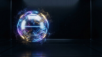 Glowing neon orb with vibrant purple and blue lights in dark space