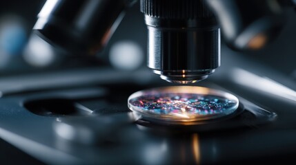 Close-up of a professional microscope lens examining a shimmering iridescent sample