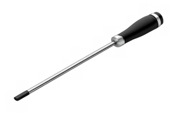 Flathead screwdriver with black handle featuring metal shaft and tip, a common repair tool for various fixing tasks