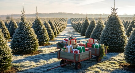 Frosted Christmas Tree Farm with Gift Cart in Early Morning Light