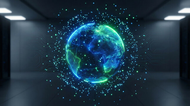 Glowing blue and green digital earth in a futuristic room - Powered by Adobe