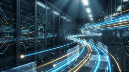 Futuristic server room with neon lights and data streams