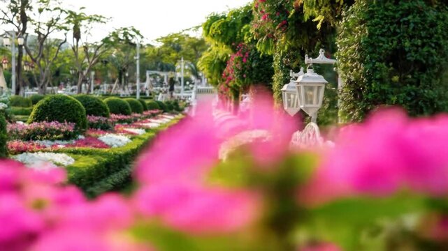 A vibrant park scene with pink flowers in the foreground, white benches, and trellised plants