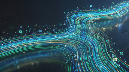 Vibrant digital pathway with glowing blue and green lines and shapes