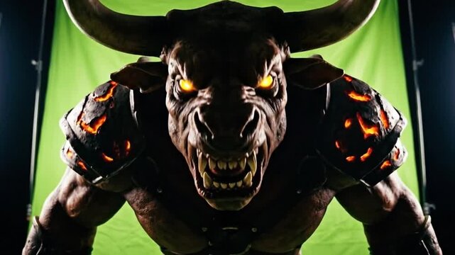 Fearsome Minotaur Monster with Glowing Eyes and Fiery Armor on Green Screen