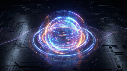 Vibrant digital orb glowing with neon blue and orange lights on a futuristic circuit board background