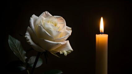 A serene still life of a white rose and a lit candle in darkness