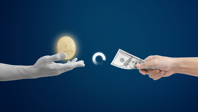 Hand holding digital currency, and Hand holding cash, with loading icon. Cryptocurrency investment, digital currency exchange and transaction problem concepts