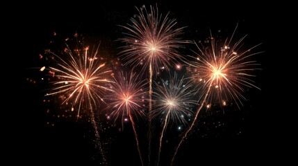 Fototapeta premium A group of fireworks are lit up in the sky. The fireworks are in different colors and are arranged in a row. Scene is celebratory and festive