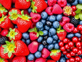 Fototapeta premium Vibrant assortment of fresh berries including strawberries blueberries raspberries and red currants
