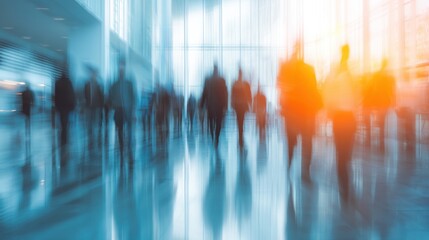 A blurry image of a crowded room with people walking around. Scene is busy and bustling