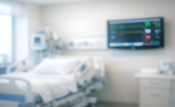 Blurred image of a hospital room featuring a bed with medical equipment and a wall-mounted monitor displaying vital signs, conveying a clinical tone.