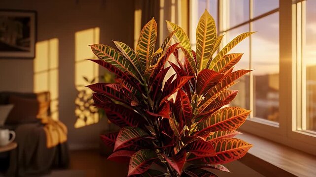 A vibrant potted plant with strikingly colorful foliage, featuring rich red, orange, yellow, and green leaves, stands prominently on a sunlit windowsill. Golden light from a large window bathes the ro
