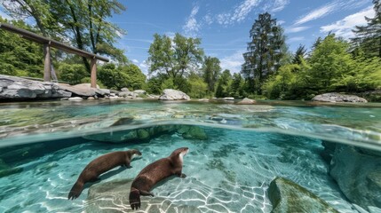Two Otters Swimming in Clear River with Lush Green Trees and Blue Sky in Background
