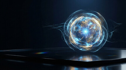 Glowing blue digital globe on tablet screen in dark room