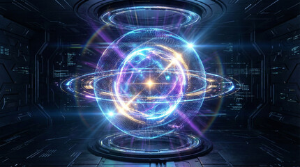 Glowing blue and purple orb in futuristic high-tech laboratory setting