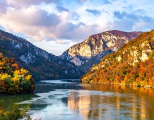 Naklejka premium Gorge with reflective river between colorful, tree-covered mountains under a cloudy sky