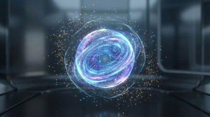 Futuristic glowing orb with neon lights in dark modern space