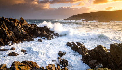 Dramatic coastal scene at sunset with powerful ocean waves crashing against rugged dark rocks, creating white foam and spray under a warm, glowing sky, showcasing the raw beauty of nature's power