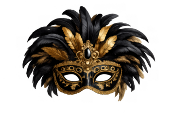 Elegant black and gold masquerade mask featuring ornate details and feathers, perfect for carnival and mystery themes