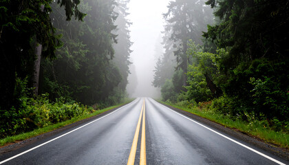 A long, straight, wet road cuts through a dense coniferous forest, disappearing into the misty horizon, evoking a sense of journey, mystery, and tranquil nature on a gloomy day